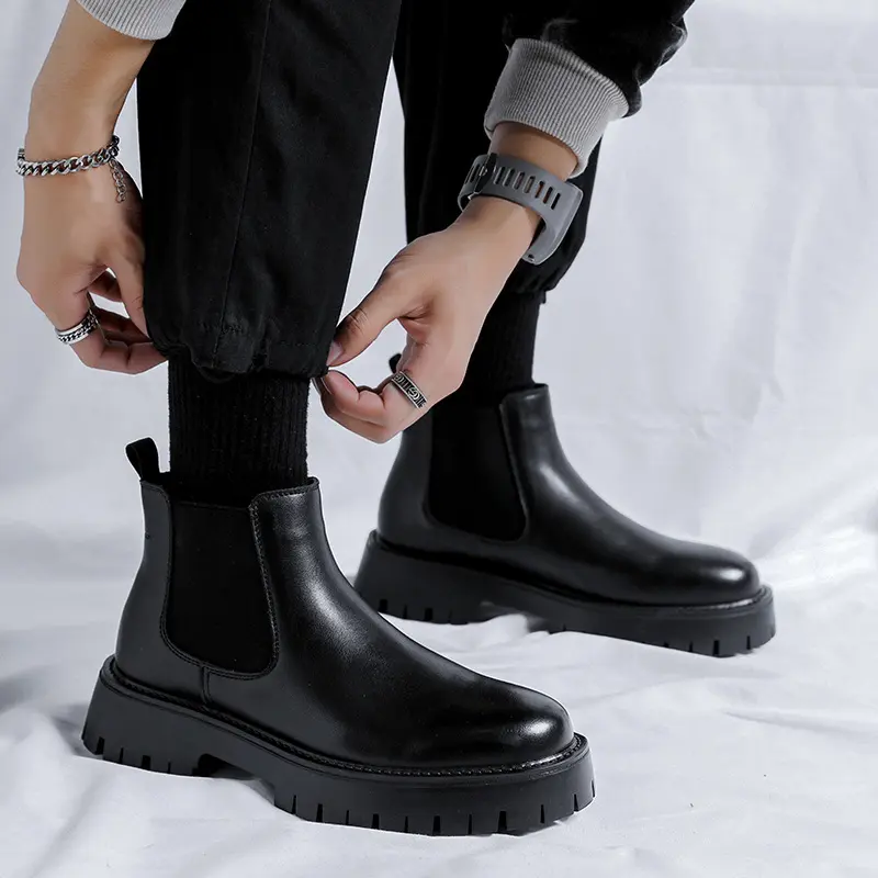 large size men's casual platform boots black natural leather shoes business work boot spring autumn ankle chelsea botas zapatos