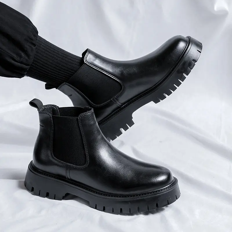 large size men's casual platform boots black natural leather shoes business work boot spring autumn ankle chelsea botas zapatos