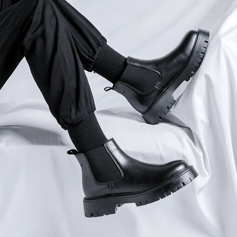 large size men's casual platform boots black natural leather shoes business work boot spring autumn ankle chelsea botas zapatos