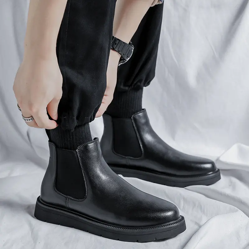 men casual chelsea boots black trendy genuine leather shoes business office dress cowboy platform boot youth ankle botas zapatos