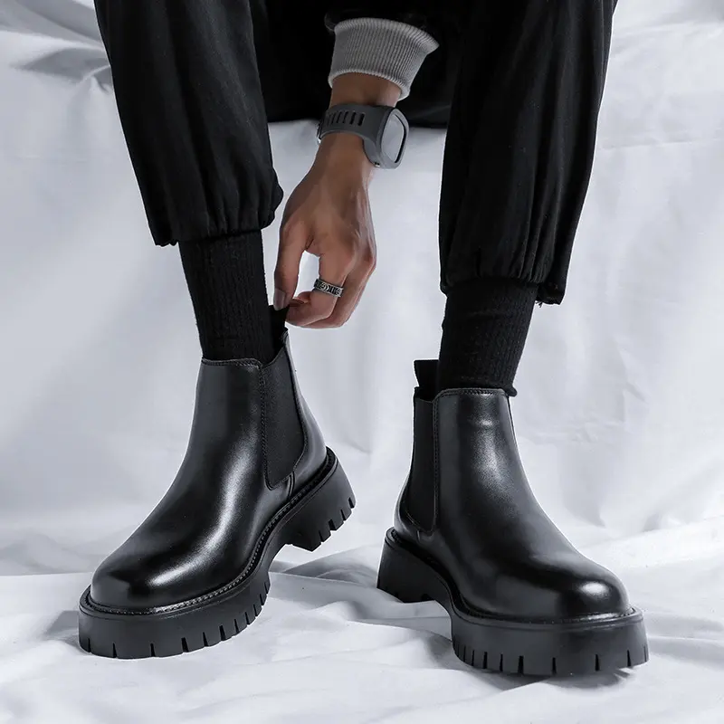 large size men's casual platform boots black natural leather shoes business work boot spring autumn ankle chelsea botas zapatos
