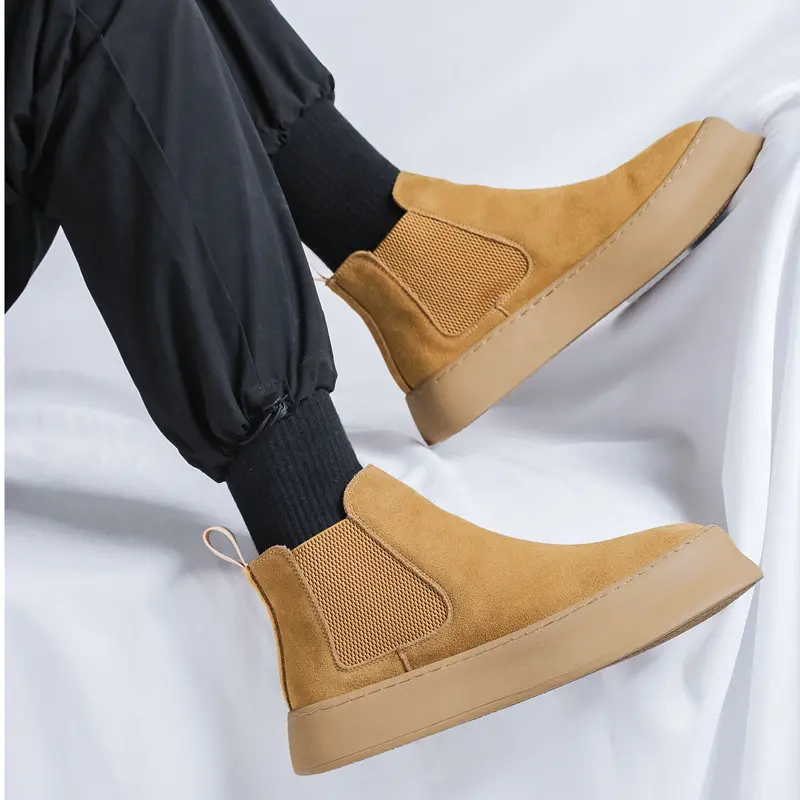 England style mens casual chelsea boots slip-on flats platform shoe cowboy ankle chunky boot cow suede leather short botas mans