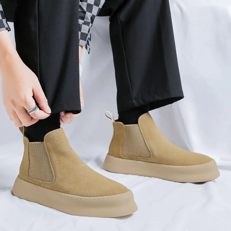England style mens casual chelsea boots slip-on flats platform shoe cowboy ankle chunky boot cow suede leather short botas mans