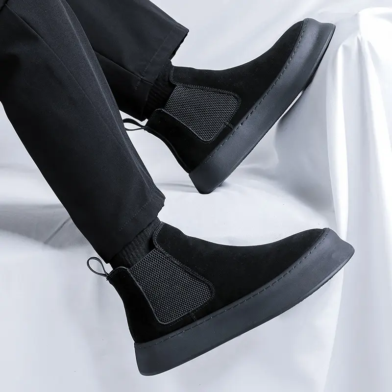 England style mens casual chelsea boots slip-on flats platform shoe cowboy ankle chunky boot cow suede leather short botas mans