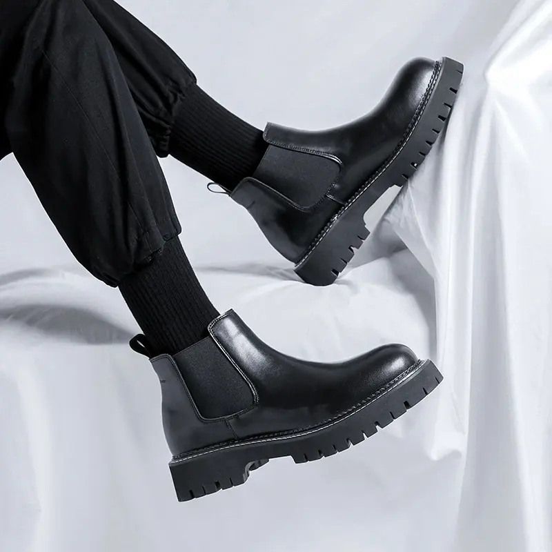 men casual business office chelsea boots slip-on natural leather shoes cowboy spring autumn boot platform ankle botas masculinas