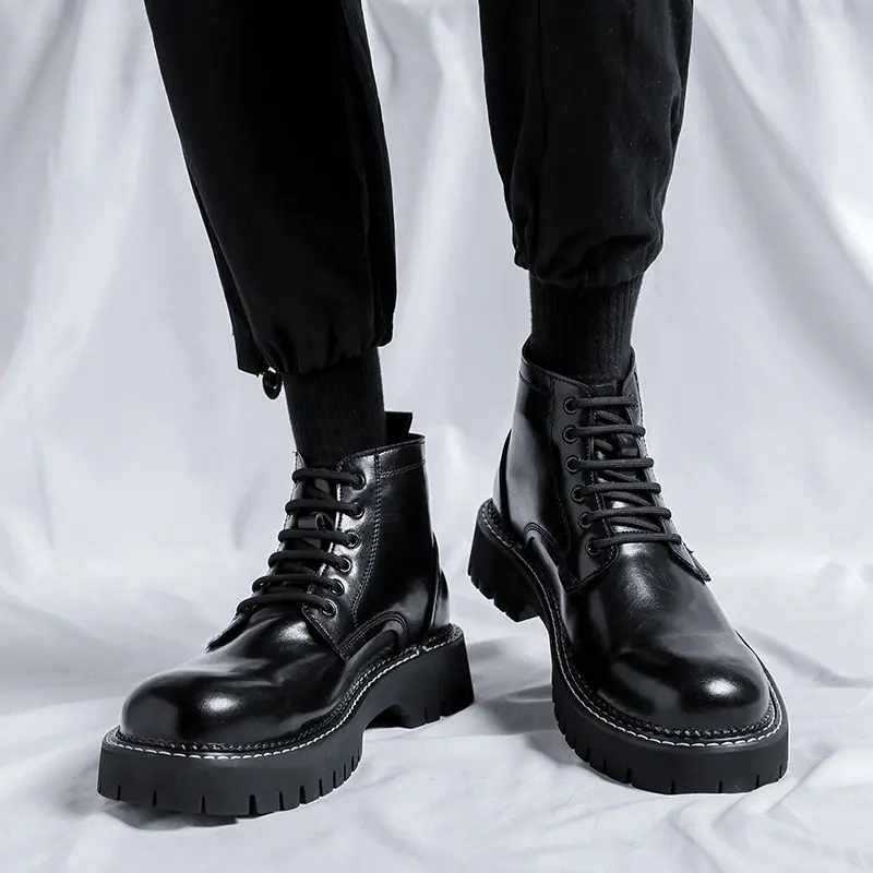 England style mens casual natural leather boots lace-up platform shoes business office dresses cowboy ankle boot short botas man