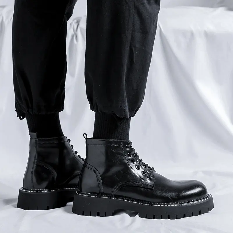England style mens casual natural leather boots lace-up platform shoes business office dresses cowboy ankle boot short botas man