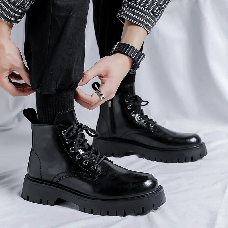 men's casual original leather boots black stylish platform shoes business office dress cowboy ankle boot spring autumn botas man