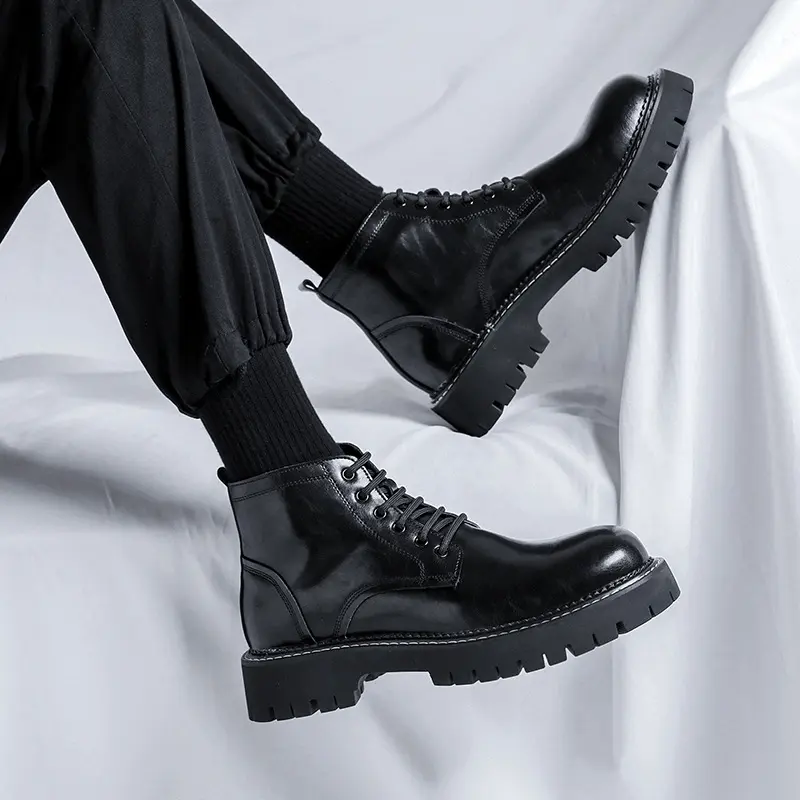England style mens casual natural leather boots lace-up platform shoes business office dresses cowboy ankle boot short botas man