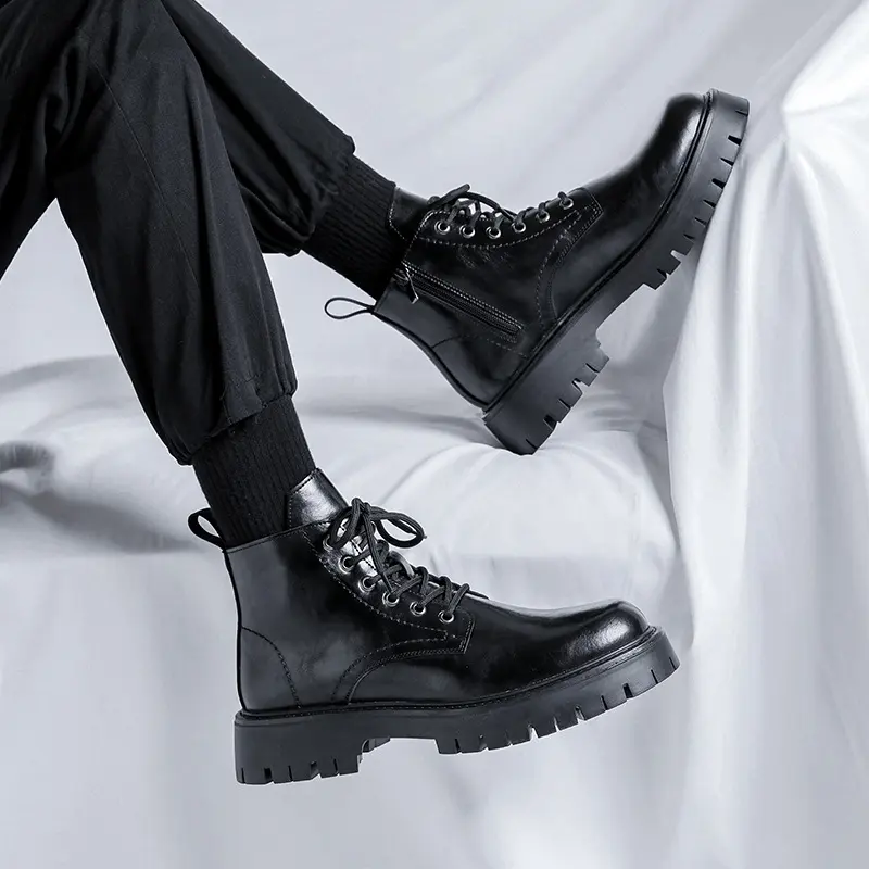 men's casual original leather boots black stylish platform shoes business office dress cowboy ankle boot spring autumn botas man