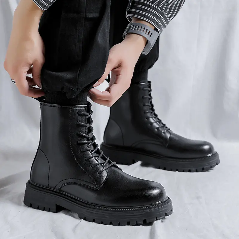 Korean style men leisure genuine leather boots black tide platform shoes lace-up cowboy boot spring autumn ankle botas zapatos