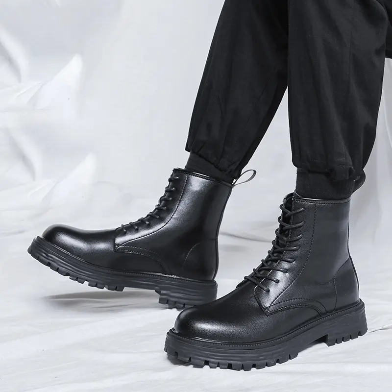 Korean style men leisure genuine leather boots black tide platform shoes lace-up cowboy boot spring autumn ankle botas zapatos