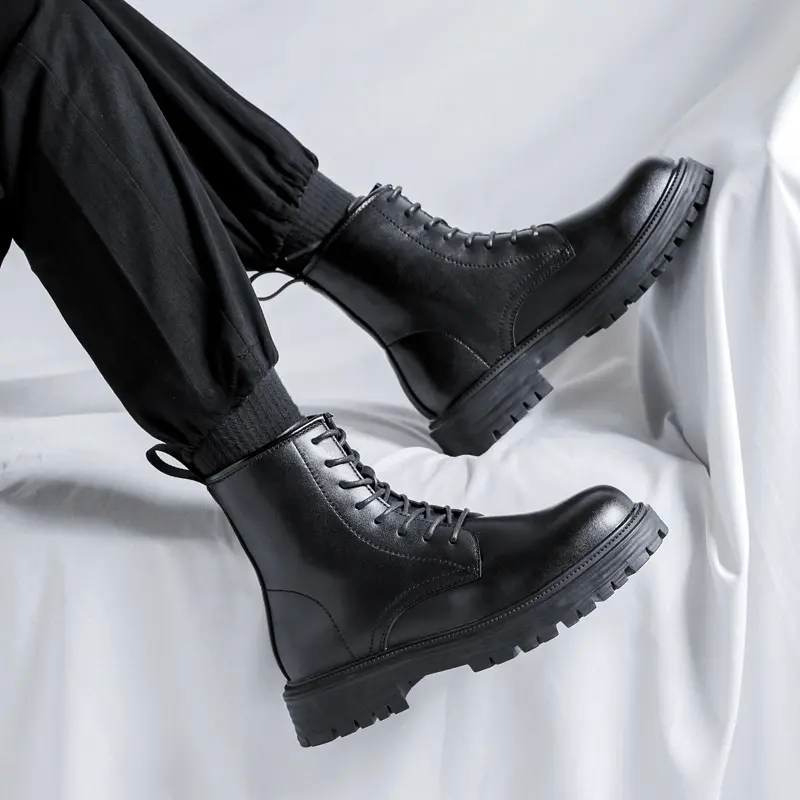 Korean style men leisure genuine leather boots black tide platform shoes lace-up cowboy boot spring autumn ankle botas zapatos