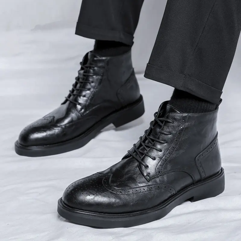 men's fashion genuine leather boots brand designer carved brogue shoes black brown cowboy boot party banquet dress ankle botas