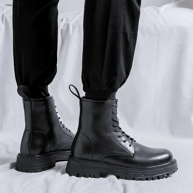 Korean style men leisure genuine leather boots black tide platform shoes lace-up cowboy boot spring autumn ankle botas zapatos