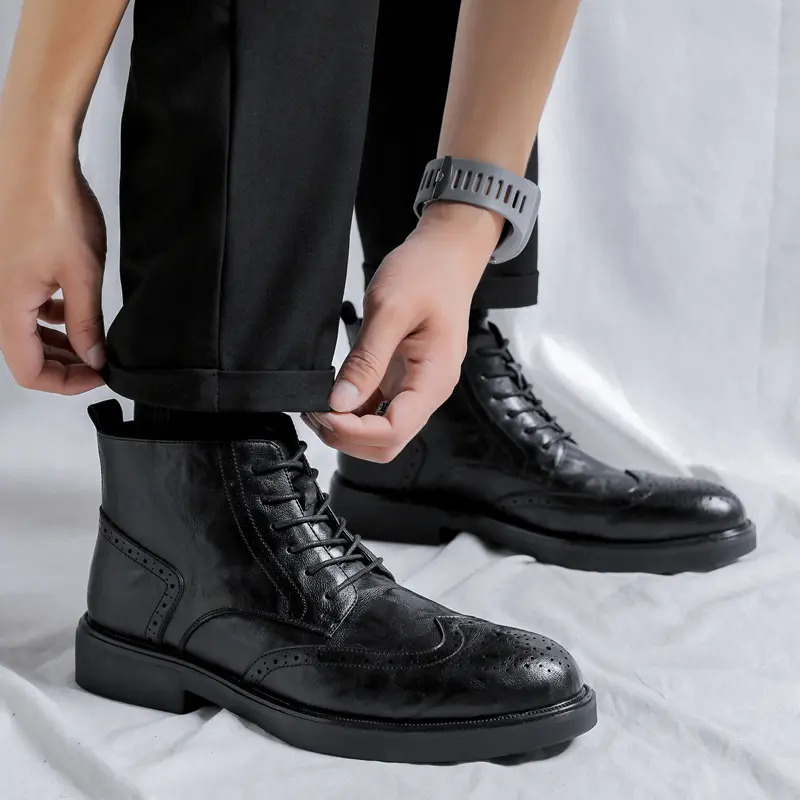 men's fashion genuine leather boots brand designer carved brogue shoes black brown cowboy boot party banquet dress ankle botas