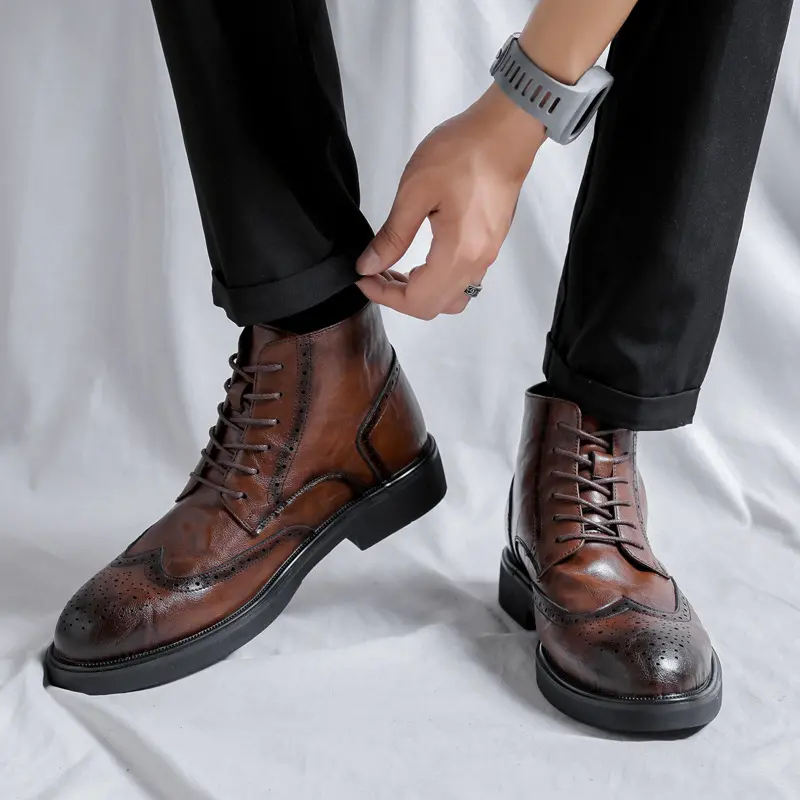 men's fashion genuine leather boots brand designer carved brogue shoes black brown cowboy boot party banquet dress ankle botas