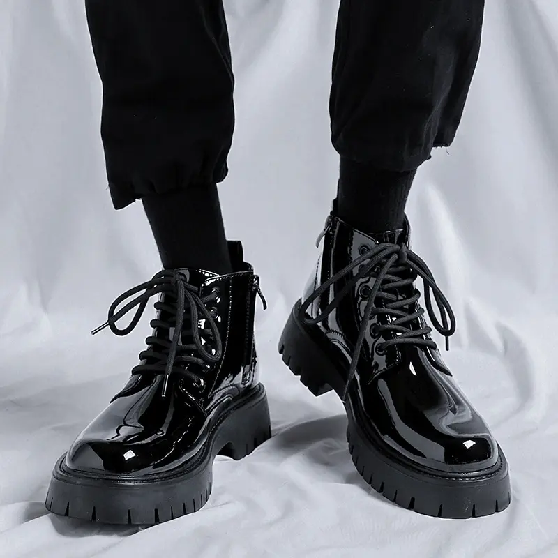men luxury fashion patent leather boots black trendy platform shoes party banquet dress cowboy ankle boot short botas masculinas