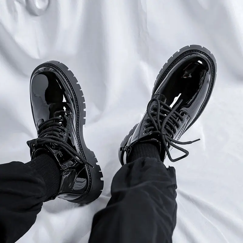 men luxury fashion patent leather boots black trendy platform shoes party banquet dress cowboy ankle boot short botas masculinas