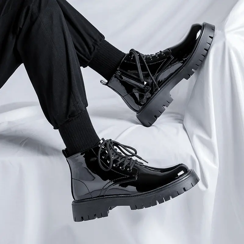 men luxury fashion patent leather boots black trendy platform shoes party banquet dress cowboy ankle boot short botas masculinas