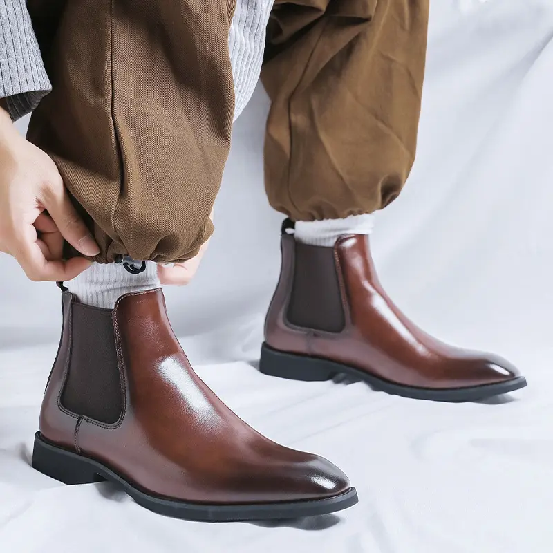 big size men casual business wedding chelsea boots slip-on genuine leather shoes black brown cowboy ankle boot short botas mans