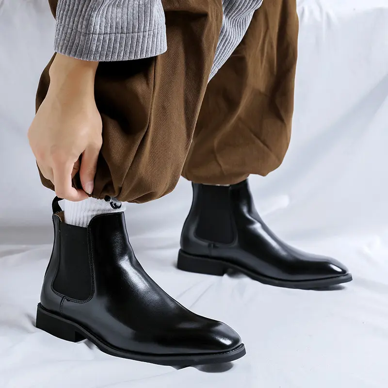 big size men casual business wedding chelsea boots slip-on genuine leather shoes black brown cowboy ankle boot short botas mans