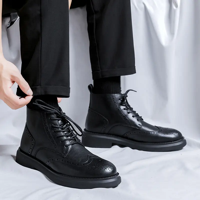 men fashion original leather boots lace-up carving brogue shoes black brown cowboy platform boot spring autumn ankle botas mans