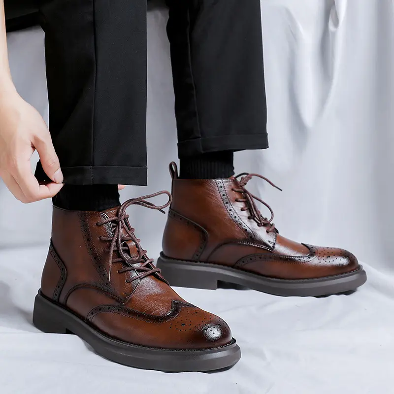 men fashion original leather boots lace-up carving brogue shoes black brown cowboy platform boot spring autumn ankle botas mans