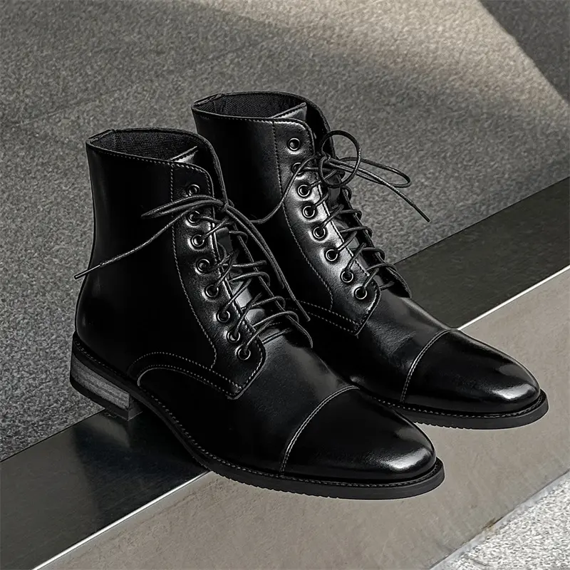 mens casual business office ankle boots black stylish lace-up original leather shoes pointed toe cowboy boot flats short botas