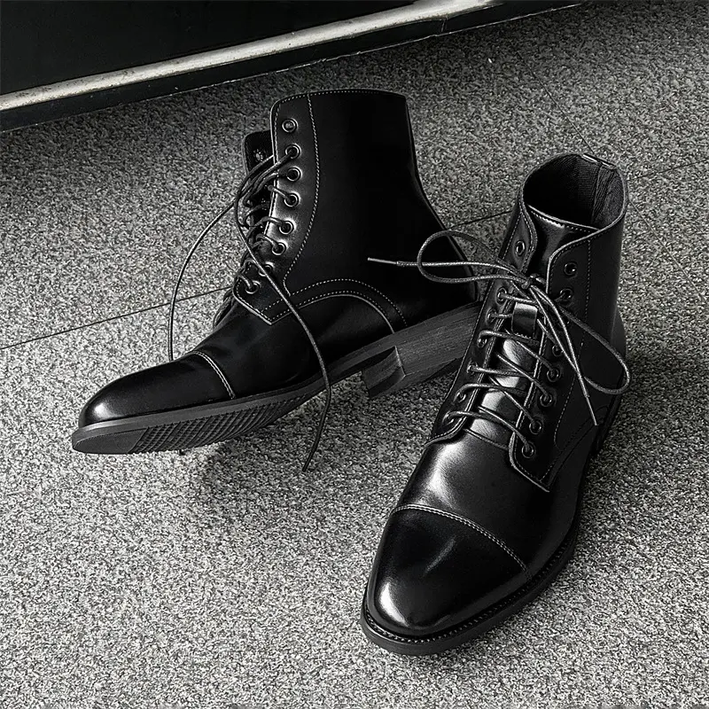 mens casual business office ankle boots black stylish lace-up original leather shoes pointed toe cowboy boot flats short botas