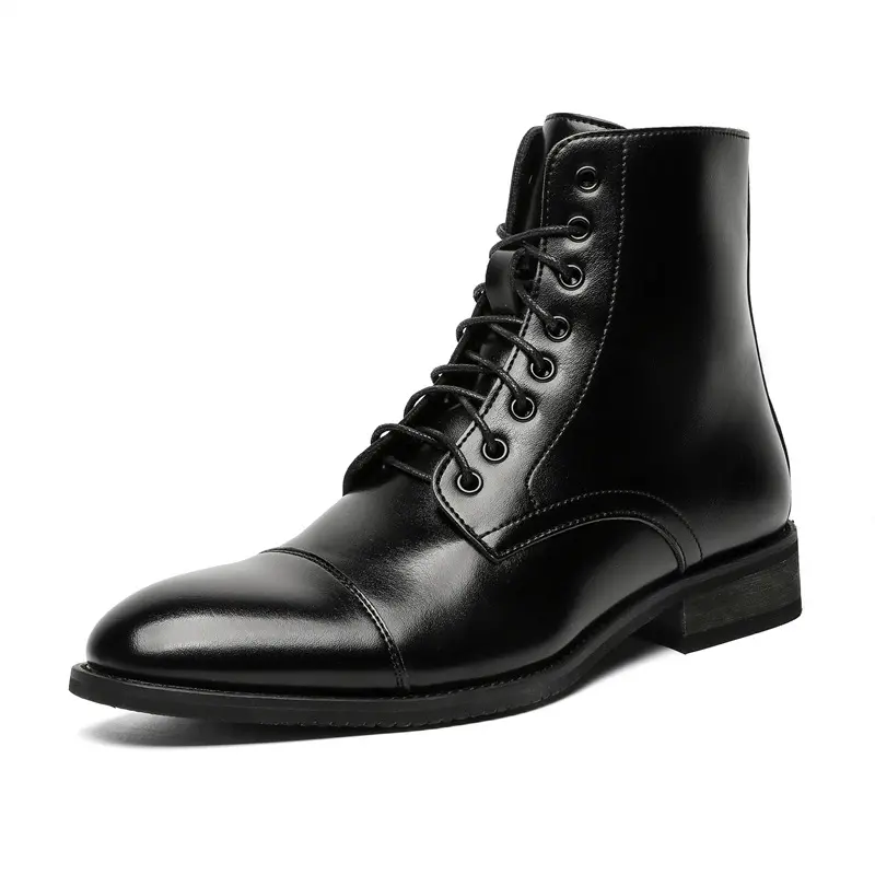 mens casual business office ankle boots black stylish lace-up original leather shoes pointed toe cowboy boot flats short botas