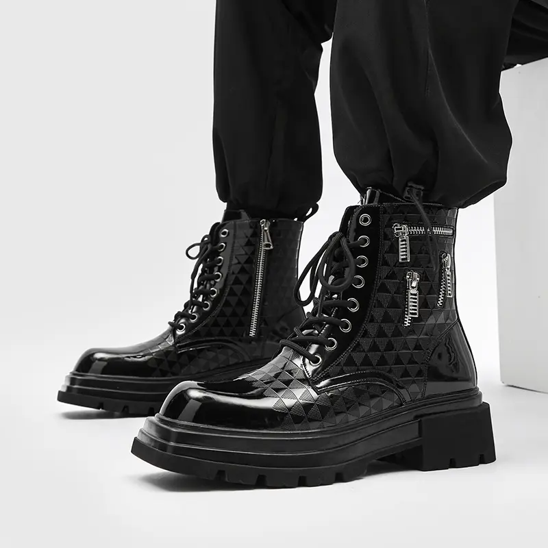 mens fashion hip hop rock dress platform boots black designer patent leather shoes cowboy high boot cool long motorcycle botas