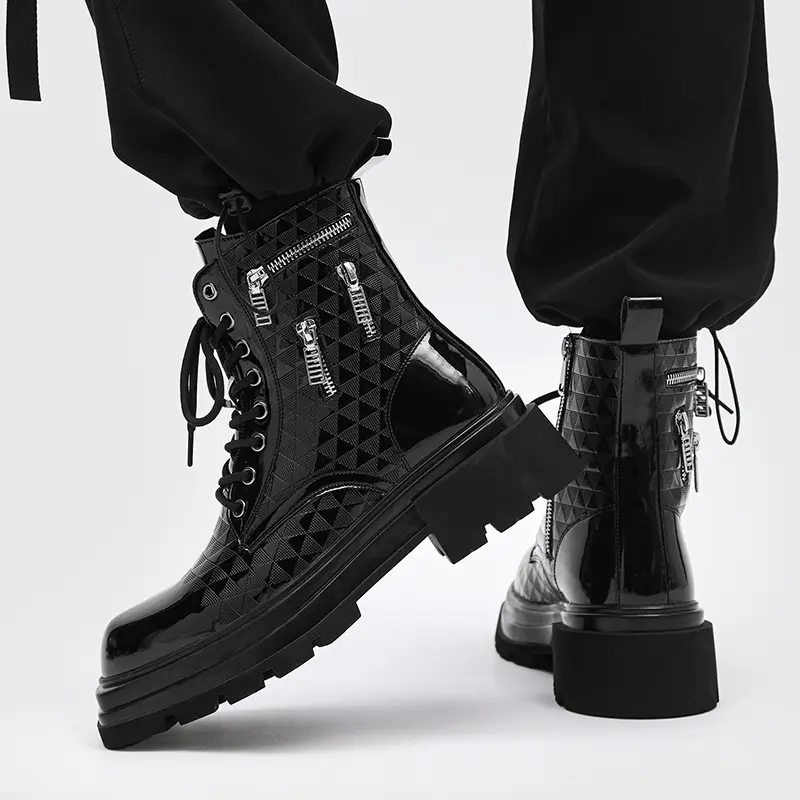 mens fashion hip hop rock dress platform boots black designer patent leather shoes cowboy high boot cool long motorcycle botas