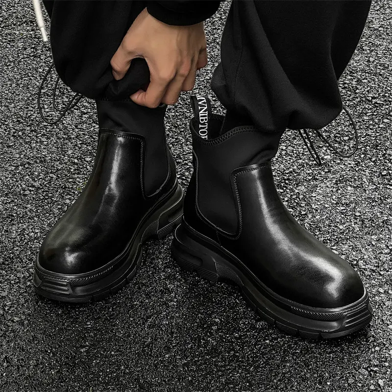 mens casual party banquet chelsea boots black trendy original leather shoes cowboy platform boot designer cool ankle botas mans