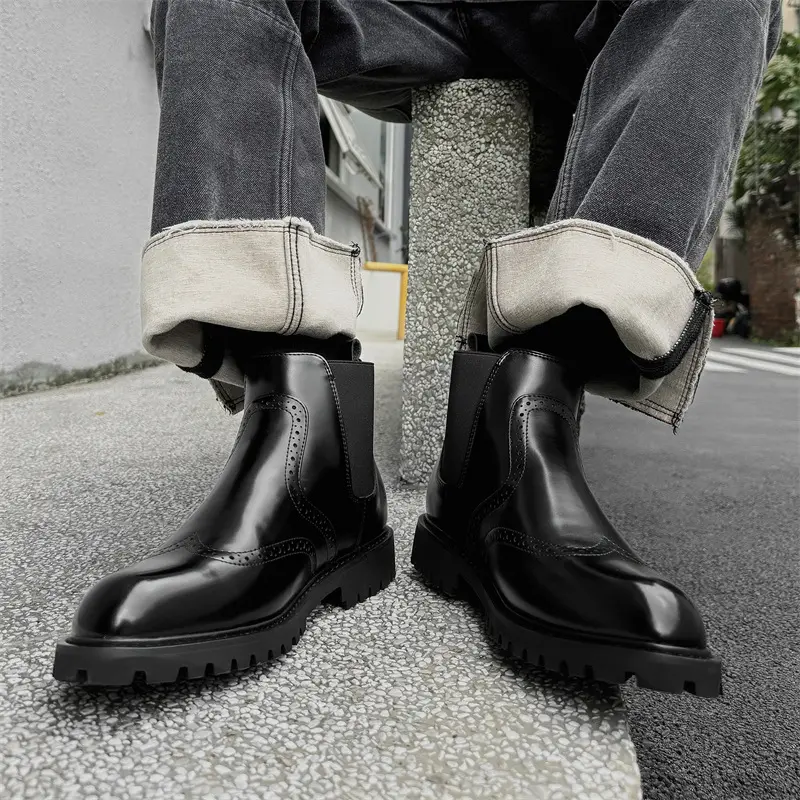 mens fashion wedding party chelsea boots black trendy carved brogue shoes cowboy natural leather boot platform ankle botas male