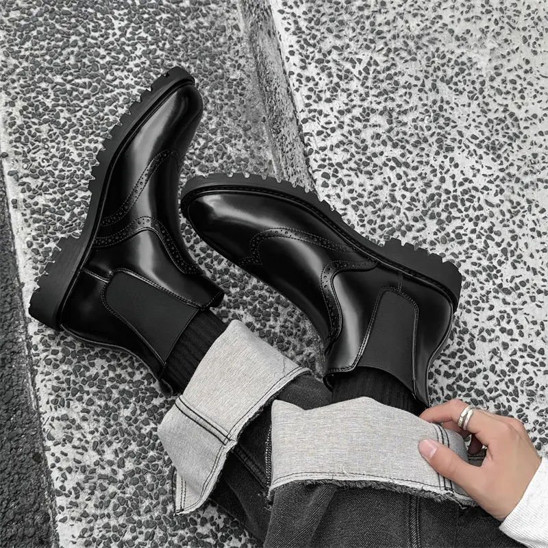 mens fashion wedding party chelsea boots black trendy carved brogue shoes cowboy natural leather boot platform ankle botas male