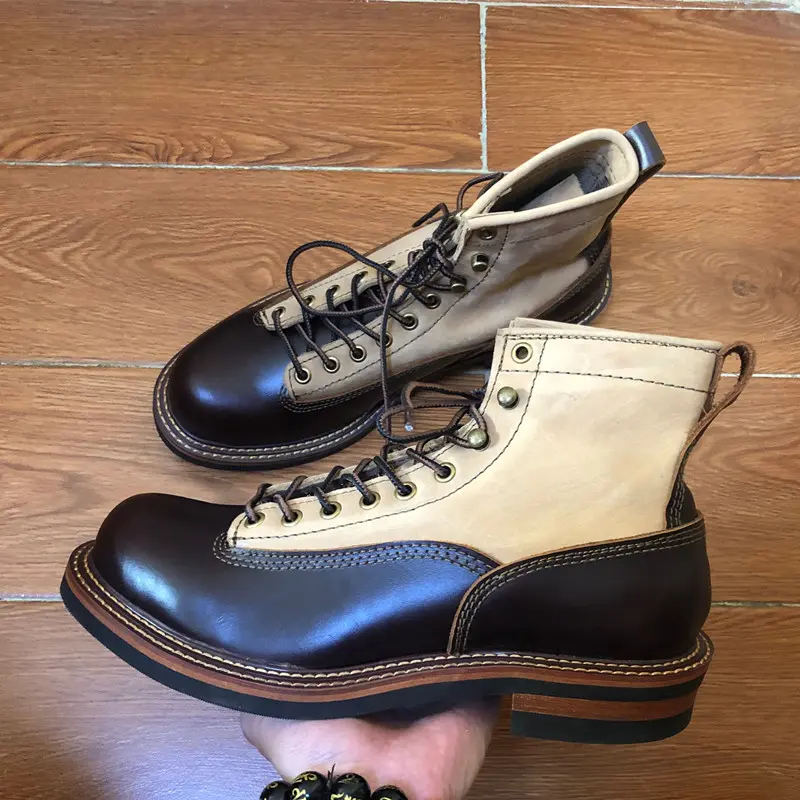 Men Spring Winter Casual Shoes Round Toe Genuine Leather Work Ankle Boots Goodyear-Welted Vintage Military Motorcycle Boots New