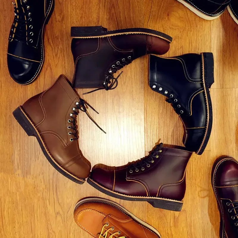 Handmade Genuine Leather Original Unisex Spring Winter Boots Men Wing Motorcycle Fashion Work Wedding Boots Wine Red Color