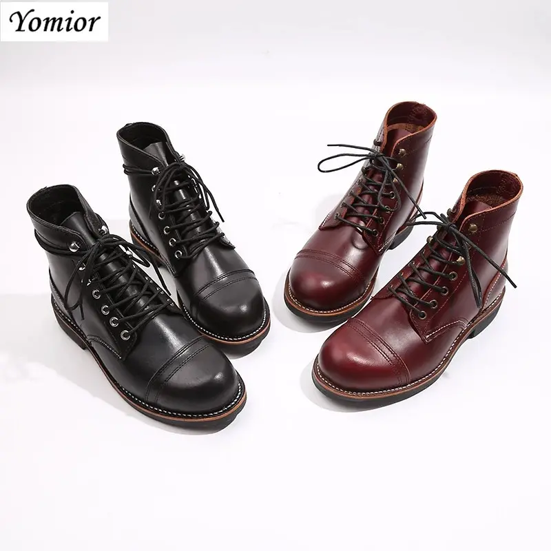 Handmade Genuine Leather Original Unisex Spring Winter Boots Men Wing Motorcycle Fashion Work Wedding Boots Wine Red Color