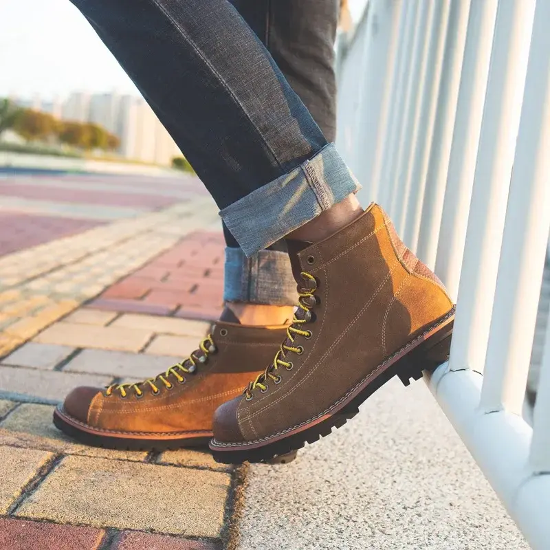 Japanese Vintage Men Casual Shoes Handmade British Cow Suede Tooling Ankle Boots Autumn Winter Platform Desert Motorcycle Boots