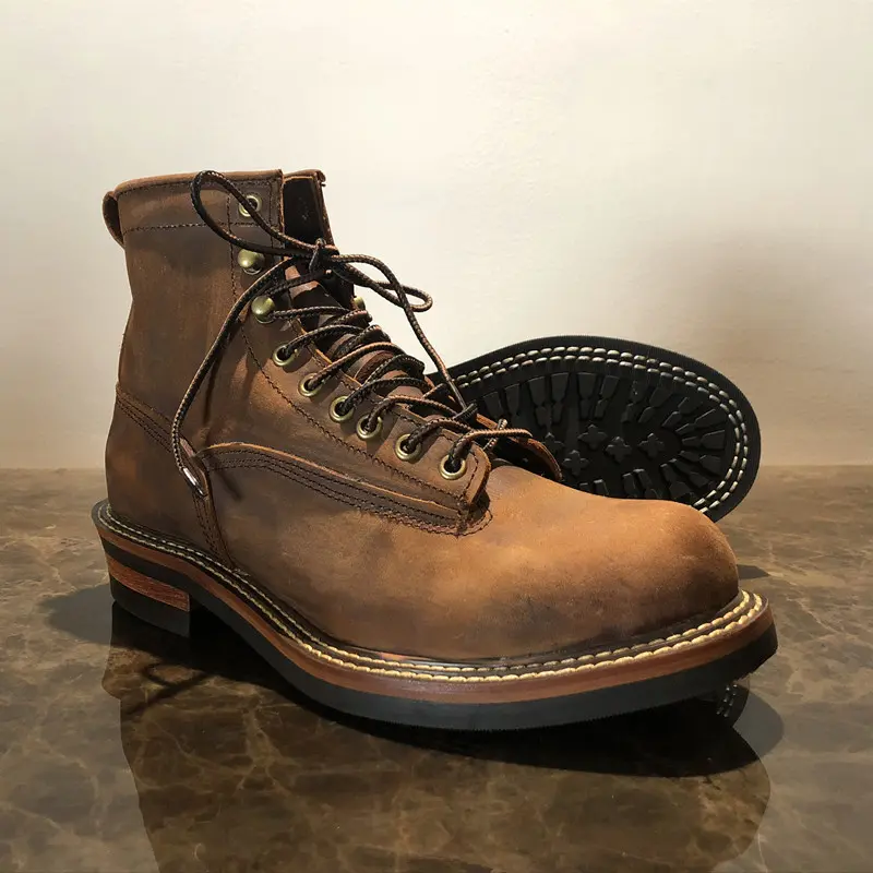 Unisex Handmade Vintage Lace-Up New Genuine Leather Platform Men Ring Black Red Ankle Boots Dress Work Casual Motorcycle Boots