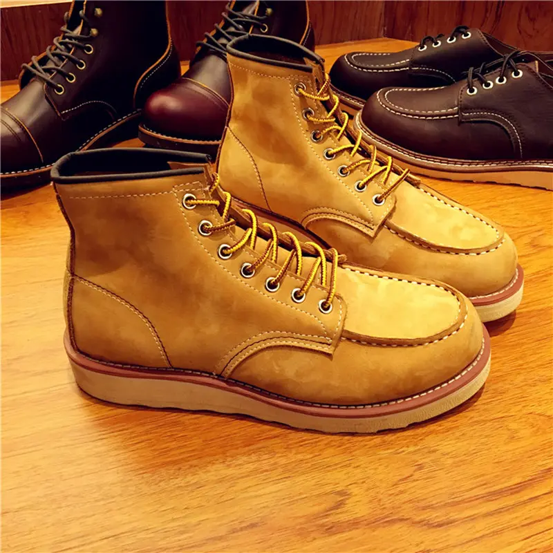 Vintage Men Boots Lace-Up Genuine Leather Boots Wing Men Handmade Work Travel Wedding Ankle Boots Casual Fashion Red Boots 875