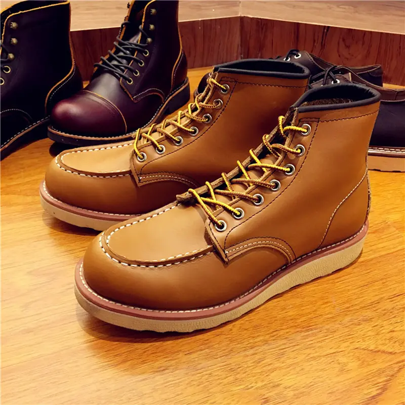 Vintage Men Boots Lace-Up Genuine Leather Boots Wing Men Handmade Work Travel Wedding Ankle Boots Casual Fashion Red Boots 875