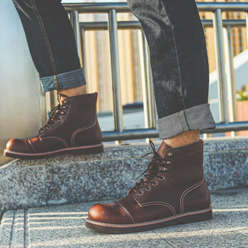 8111 Top Quality Casual Men Shoes Handmade Spring Autumn Ankle Boots Vintage Tooling Wings Cow Leather Motorcycle Boots Big Size