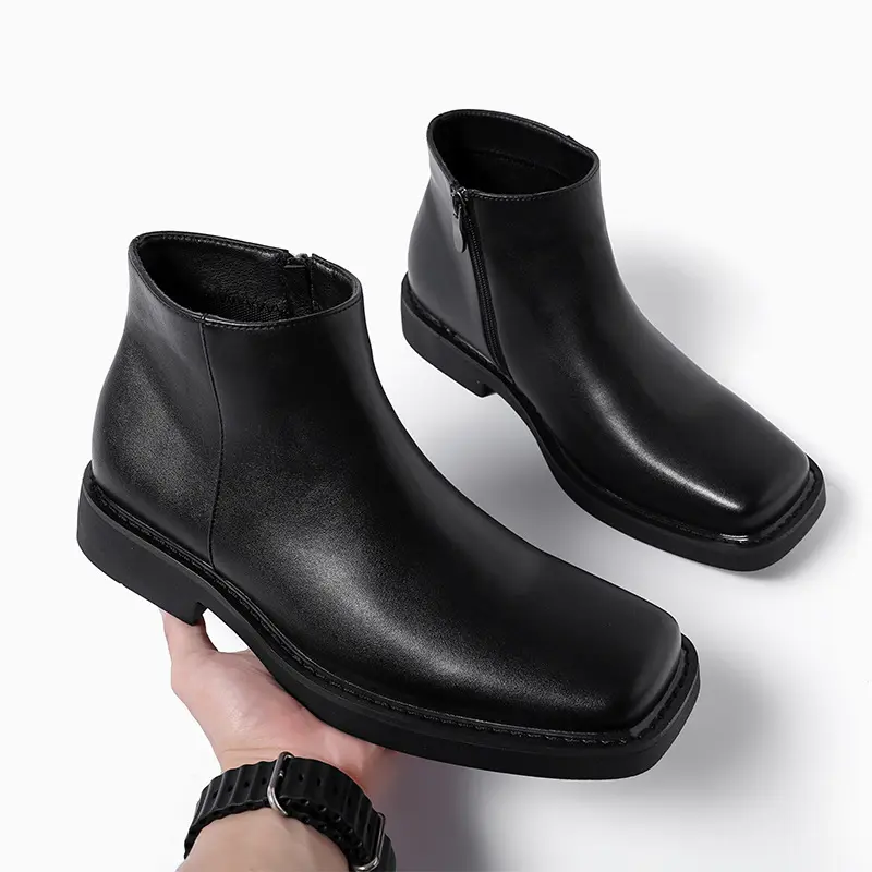 Luxury Fashion Black Men Casual Leather Shoes Autumn Winter Dress Ankle Boots Vintage British Business Square Toe Chelsea Boots