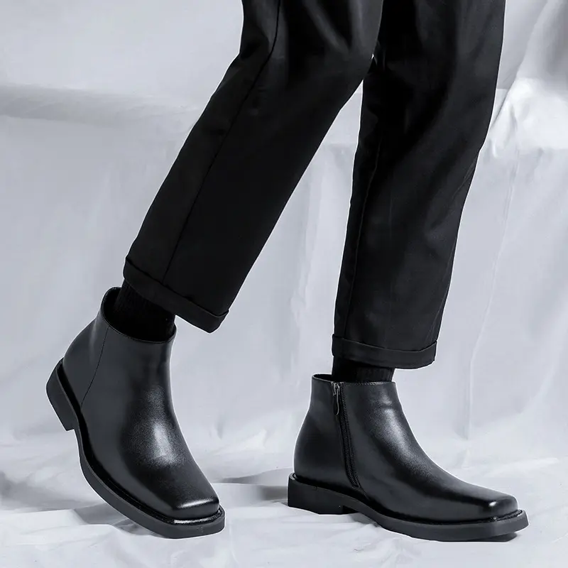 Luxury Fashion Black Men Casual Leather Shoes Autumn Winter Dress Ankle Boots Vintage British Business Square Toe Chelsea Boots