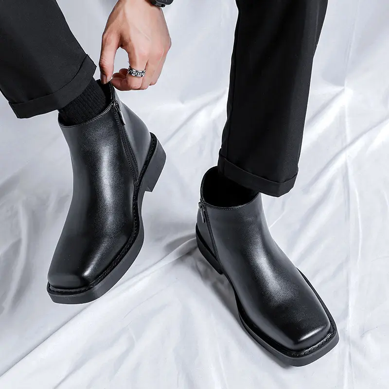 Luxury Fashion Black Men Casual Leather Shoes Autumn Winter Dress Ankle Boots Vintage British Business Square Toe Chelsea Boots