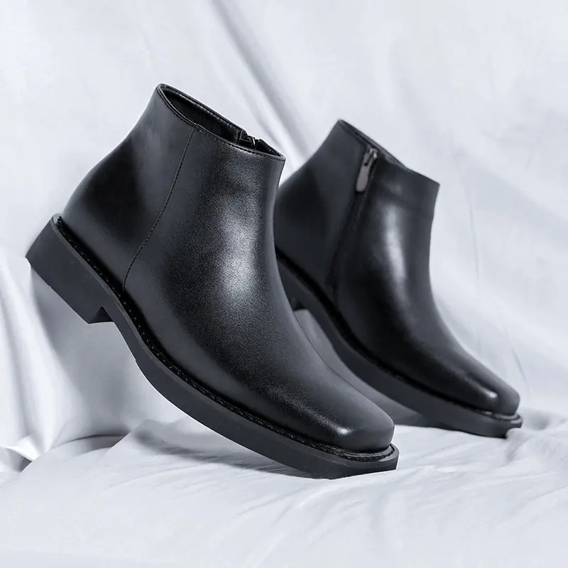 Luxury Fashion Black Men Casual Leather Shoes Autumn Winter Dress Ankle Boots Vintage British Business Square Toe Chelsea Boots