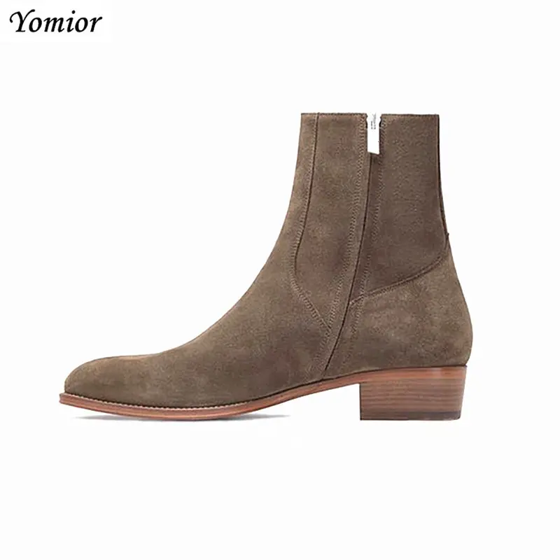 Yomior Italian Fashion Men Shoes Real Cow Leather Pointed Toe Ankle Boots Vintage Zip Cork Formal Dress Chelsea Boots Big Size