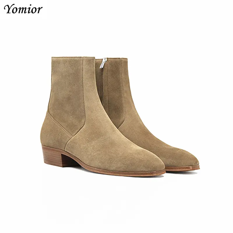 Yomior Italian Fashion Men Shoes Real Cow Leather Pointed Toe Ankle Boots Vintage Zip Cork Formal Dress Chelsea Boots Big Size